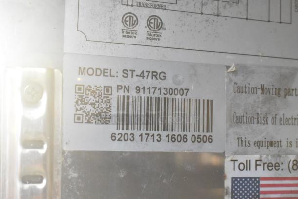 SABA ST-47RG label, showing model number and part number, on a stainless steel surface. QR code and barcode visible.