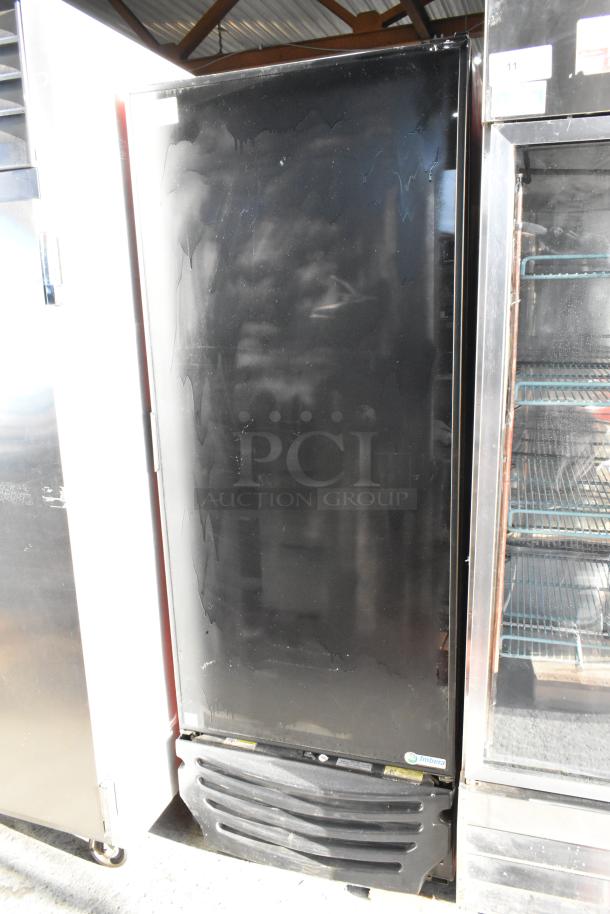 Imbera G319 metal commercial single door reach-in cooler, features poly-coated racks, 115 volts, 1 phase, minor wear.