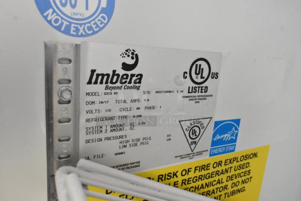 Imbera G319 cooler label showing model, serial number, UL listing, 115 volts, single-phase.