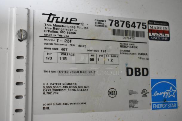 True T-23F Stainless Steel Freezer tag showing specs: 115 volts, 1 phase, model T-23F, made in the USA, Energy Star certified.