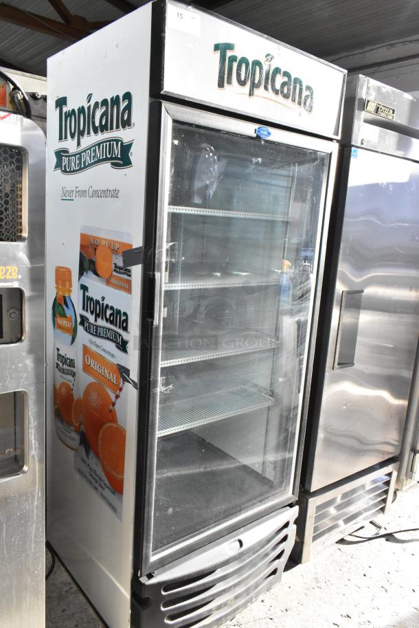 Fogel VR-26-BEV-TROP-RH commercial cooler with single glass door, Tropicana branding, and poly-coated racks. 115V, 1 phase.