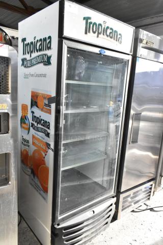 Fogel VR-26-BEV-TROP-RH commercial cooler with single glass door, Tropicana branding, and poly-coated racks. 115V, 1 phase.