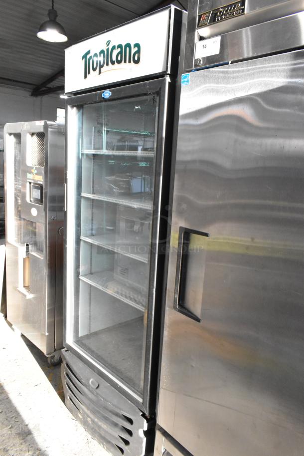 Fogel VR-26-BEV-TROP-RH Single Door Cooler, poly-coated racks, Tropicana branding, metal commercial design, 115V, 1-phase.