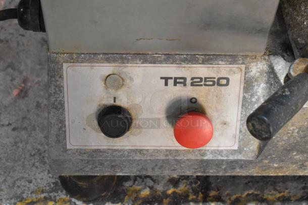 Dito Sama TR250 commercial vegetable cutter, metal body, visible wear, red and black buttons, 230 volts, countertop use.