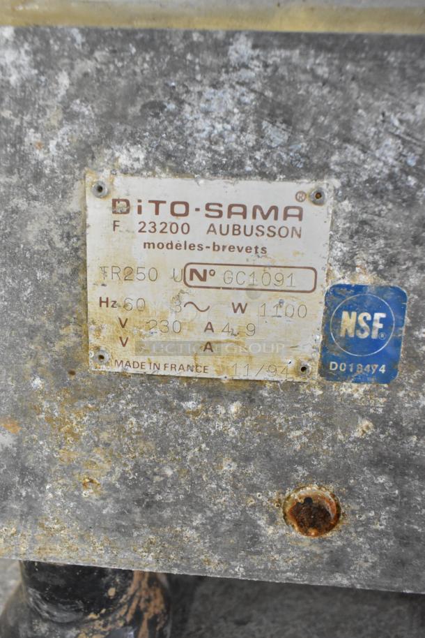 Dito Sama TR250 commercial vegetable cutter, metal, 230V. Visible label with model details. NSF certified. Used condition.