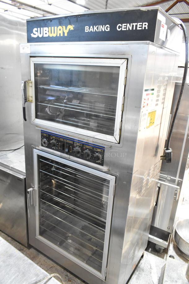 Nu Vu SUB-123 stainless steel commercial electric oven proofer, 120/208 volts, 3 phase, with control knobs and glass doors.