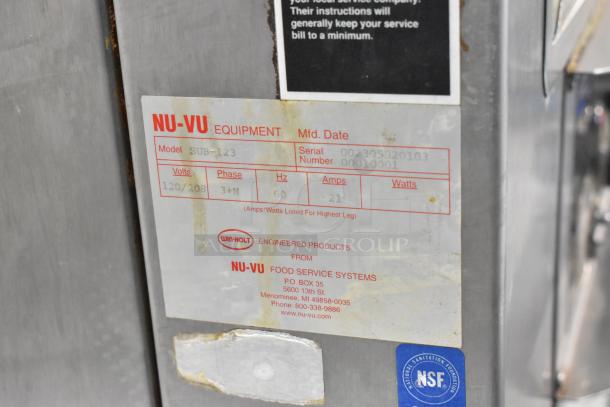 Nu Vu SUB-123 stainless steel oven proofer, 120/208V, 3 phase, with visible label detailing volts, hertz, and amps.