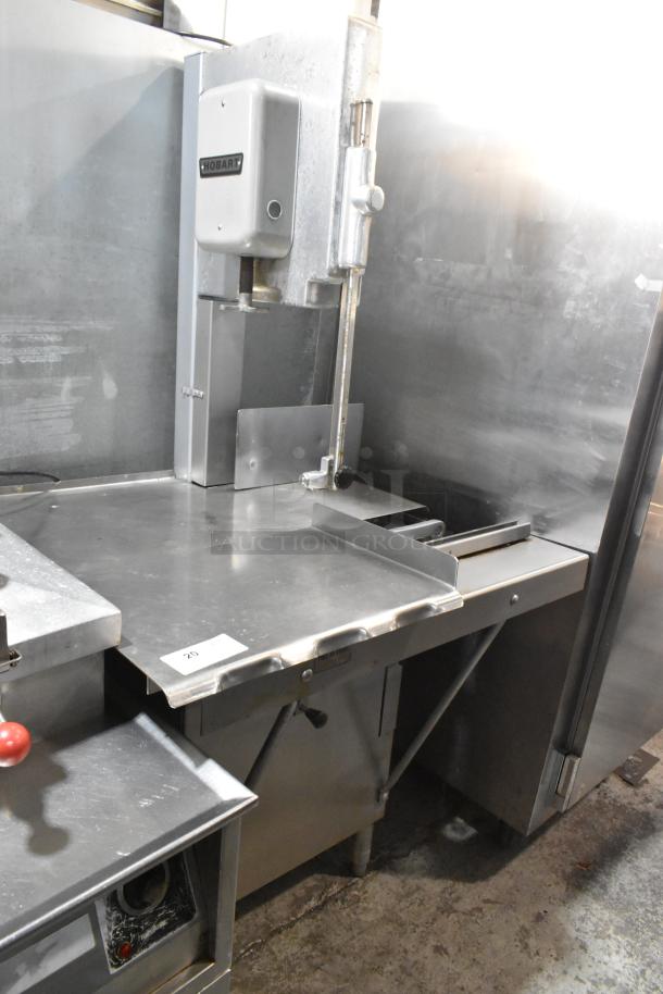Hobart 5614 metal commercial meat saw, floor style, 200-230V, 3 phase, polished, industrial-grade condition.