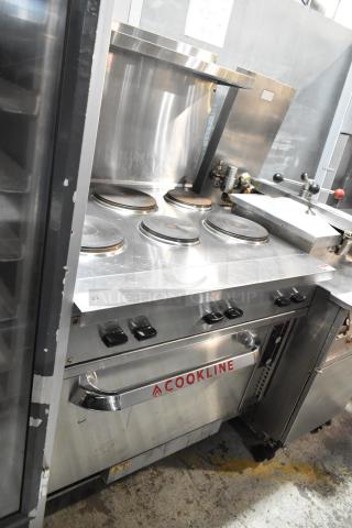 Cookline Stainless Steel 6 Burner Hot Plate Range with Oven, featuring over shelf and back splash, commercial kitchen equipment.