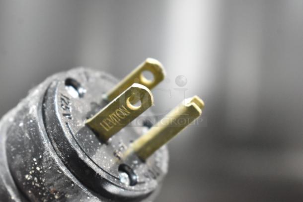 Close-up of a Leviton plug detail, showcasing metal prongs and part of a black casing.