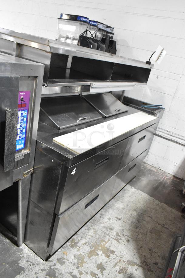 Delfield UCD4464N-12-DD5 stainless steel prep table, 4 drawers, over-shelf, bain marie top, 115V, commercial use.