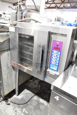 Lang EHS-8 stainless steel half-size convection oven, electric, view-through doors, metal racks, on legs, 208V, 1/3 phase.