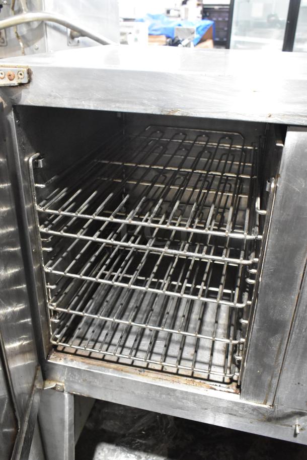 Lang EHS-8 stainless steel half-size convection oven with view-through doors, metal racks, on legs, 208V, 1/3 phase.