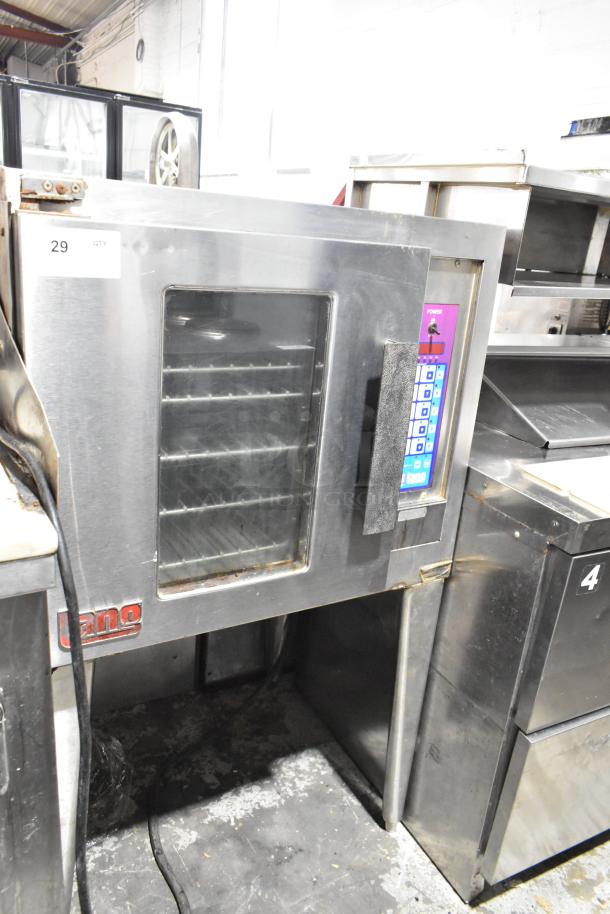 Lang EHS-8 stainless steel convection oven, half-size, electric, view-through doors, metal racks, on legs, 208V, 1/3 phase.