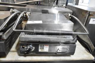 Star Pro Max PET14 stainless steel panini press, commercial countertop model, 125V, 1 phase, with visible QR service code.