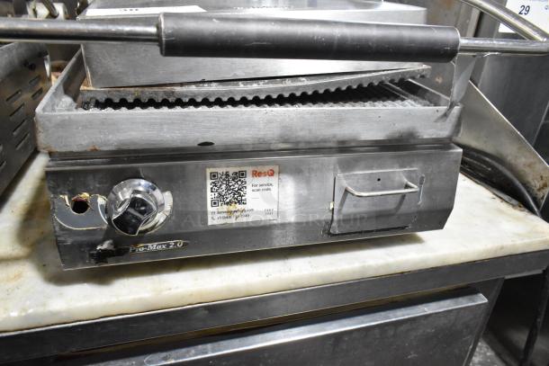 Star Pro Max PET14 Stainless Steel Panini Press, 125V, visible wear, labeled Pro-Max 2.0, QR code for service on front.