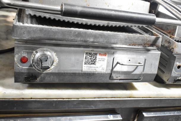 Star Pro Max PET14 stainless steel countertop panini press. Features temperature dial, visible wear. 125V, 1 phase.