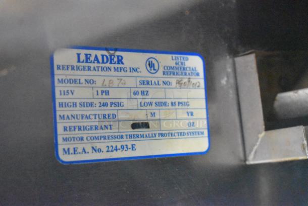 Leader LB72 stainless steel label showing model, serial number, voltage, phase, and manufacturing details for commercial cooler.