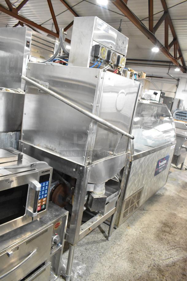 American Dish Service stainless steel commercial corner pass-through dishwasher, 120V, 1 phase, used, industrial setting.