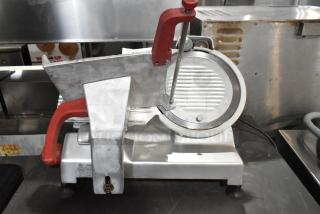 Berkel 825A-PLUS commercial meat slicer with blade sharpener, red handle, 115V, 1 phase, metal, countertop model.