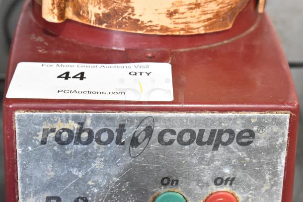 Robot Coupe R2 food processor, metal frame, bowl, lid, 2 grating blades, slicing blade, 120V, 1 phase, used condition.