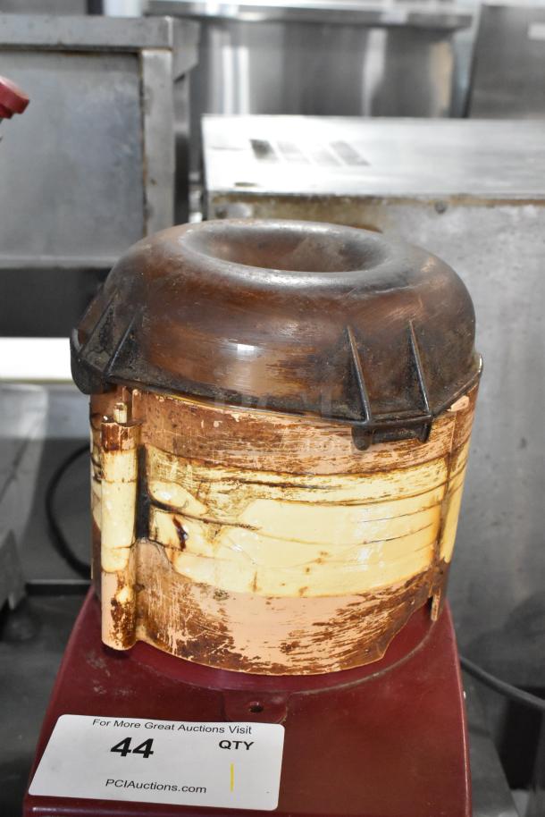 Robot Coupe R2 food processor, metal countertop model with bowl, lid, two grating blades, and slicing blade. 120 volts, 1 phase.