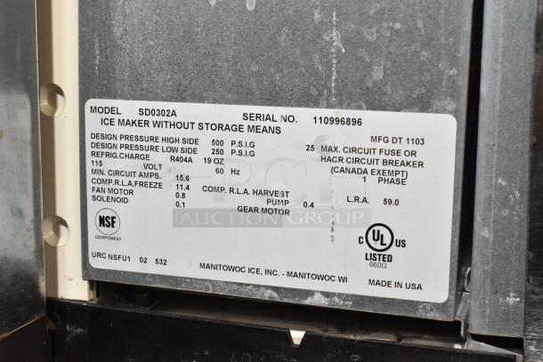 Manitowoc SD0302A Stainless Steel Ice Maker on Bin, 115V, 1 Phase, serial no. 110996896, NSF/UL listed, made in USA.