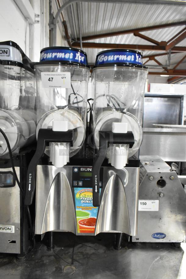 Bunn ULTRA-2 stainless steel commercial 2-hopper slushie machine, 120 volts, visible operational controls and labels.