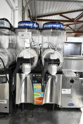Bunn ULTRA-2 stainless steel commercial 2-hopper slushie machine, 120 volts, visible operational controls and labels.