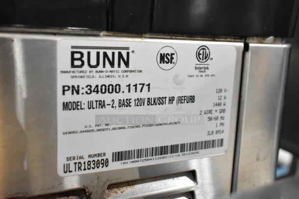 Bunn ULTRA-2 Stainless Steel Slushie Machine label, shows model and serial number ULTR183090. 120V, 1 Phase, refurbished.