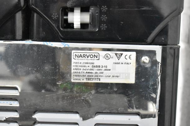 2019 Narvon OASIS 2-10 slushie machine label. Stainless steel, 120V, 900W, dual 2.6 gal hoppers, Made in Italy.