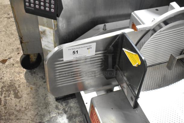 Bizerba metal commercial countertop meat slicer stacker with visible control panel, label reads "51," in used condition.