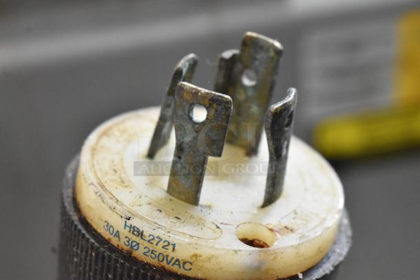 Close-up of a metal plug labeled "HBL2721, 30A 250VAC," part of a Robot Coupe Blixer 20 food processor. Visible wear on prongs.