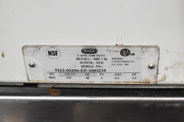 Berkel MB 7/16 metal bread slicer label. Details: 115 volts, 1 phase, conforms to UL STD. 763, NSF certified.