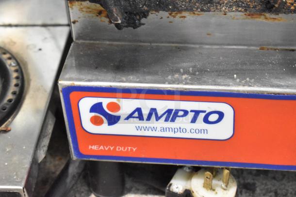 2021 Ampto SSGL Metal Panini Press, countertop, 120 Volts, 1 Phase, heavy-duty; used condition, visible logo and website.