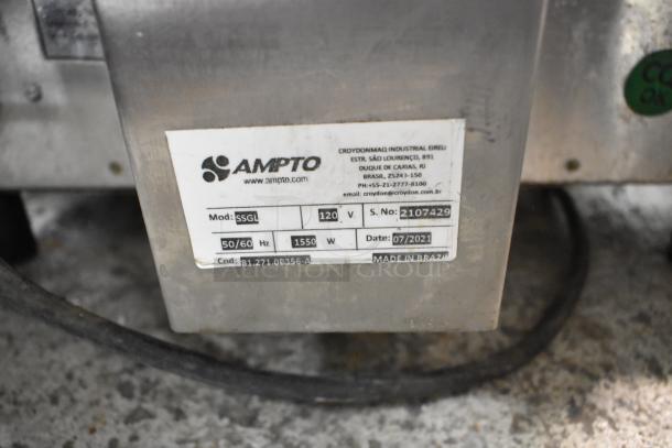 2021 Ampto SSGL Metal Commercial Panini Press, 120V, 1 Phase, visible label showing model, serial number, and specs.