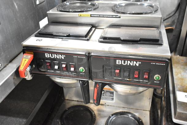 Bunn CWTF 4/2 TWIN stainless steel commercial coffee machine with 6 burners, hot water dispenser, metal brew baskets.