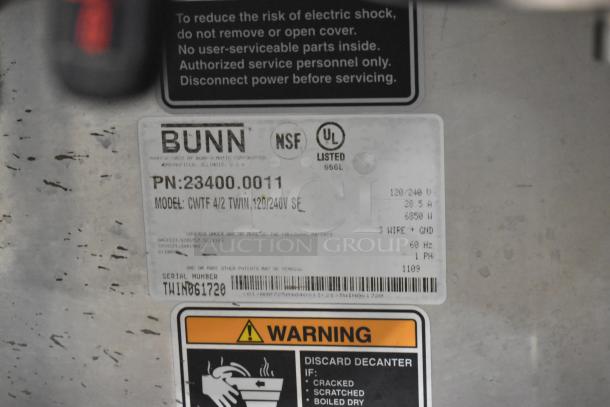 Bunn CWTF 4/2 TWIN coffee machine label shows model and voltage details, includes safety warnings and part number.