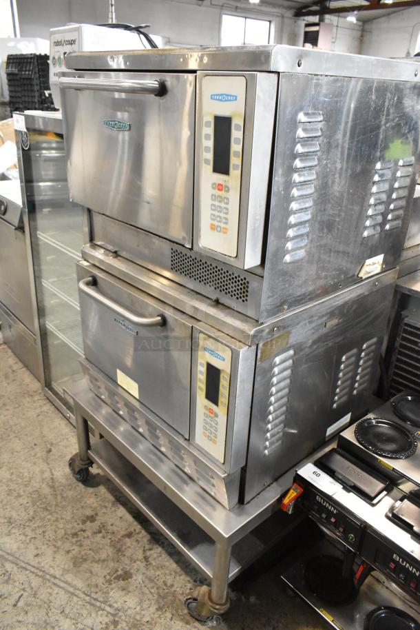 Turbochef NGC stainless steel rapid cook ovens on stand with casters, 208/240V, 1 phase, commercial use, dual stack.