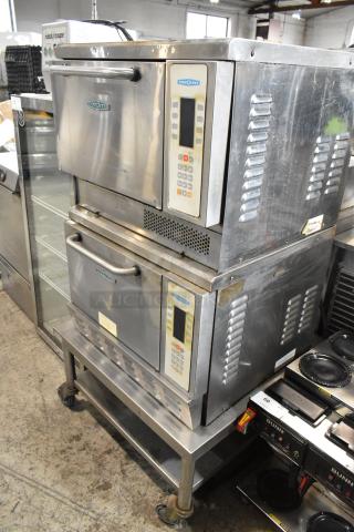 Turbochef NGC stainless steel rapid cook ovens on stand with casters, 208/240V, 1 phase, commercial use, dual stack.