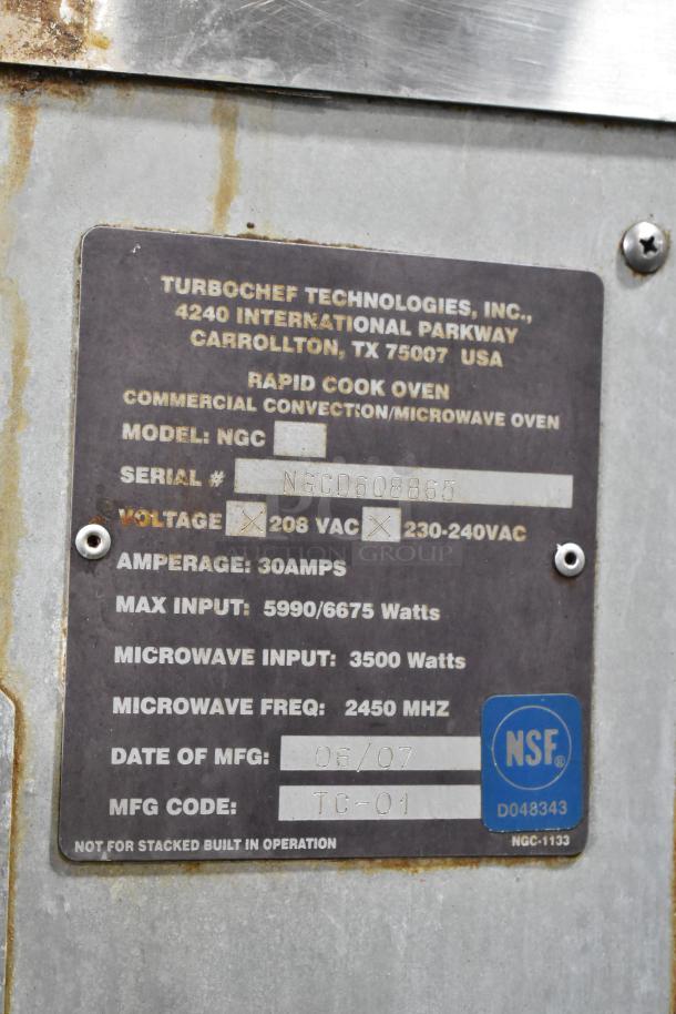 Turbochef NGC rapid cook oven label showing model, serial number NGCD608865, voltage options, and NSF certification.