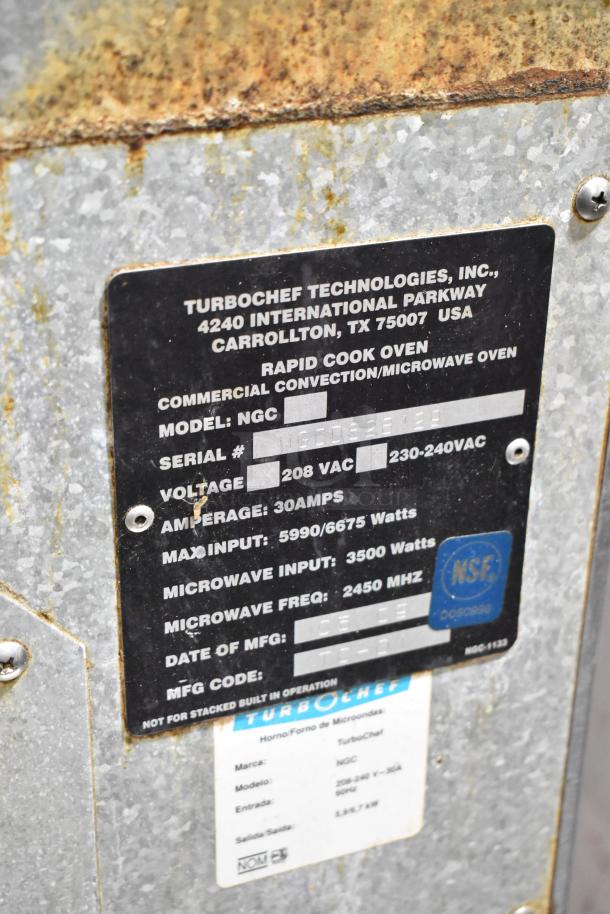 Turbochef NGC commercial rapid cook oven label, stainless steel, 208/240V, 30AMPS, NSF certified.
