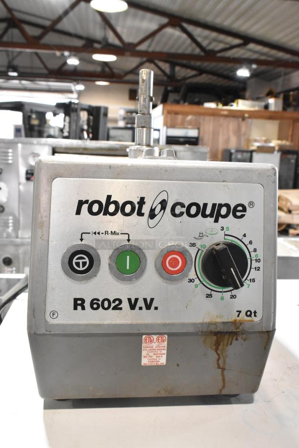 Robot Coupe R602 V.V. metal commercial food processor base, 120V, 1 phase, visible control panel, 7 qt capacity, used condition.