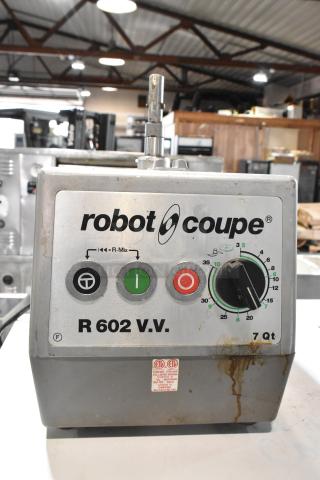 Robot Coupe R602 V.V. metal commercial food processor base, 120V, 1 phase, visible control panel, 7 qt capacity, used condition.