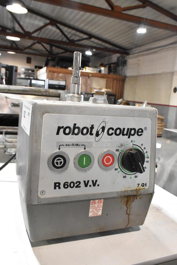 Robot Coupe R602 V.V. metal countertop food processor base, 120V, 1 phase, shows some wear, ETL listed label visible.