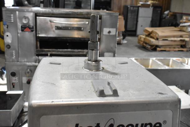 Robot Coupe R602 V.V. metal commercial food processor base, visible wear. Model label and 120V, 1 phase specification.