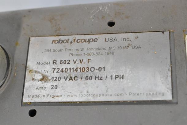 Robot Coupe R602 V.V. commercial food processor base, 120V, 1 phase. Metal construction, with model and serial number label.