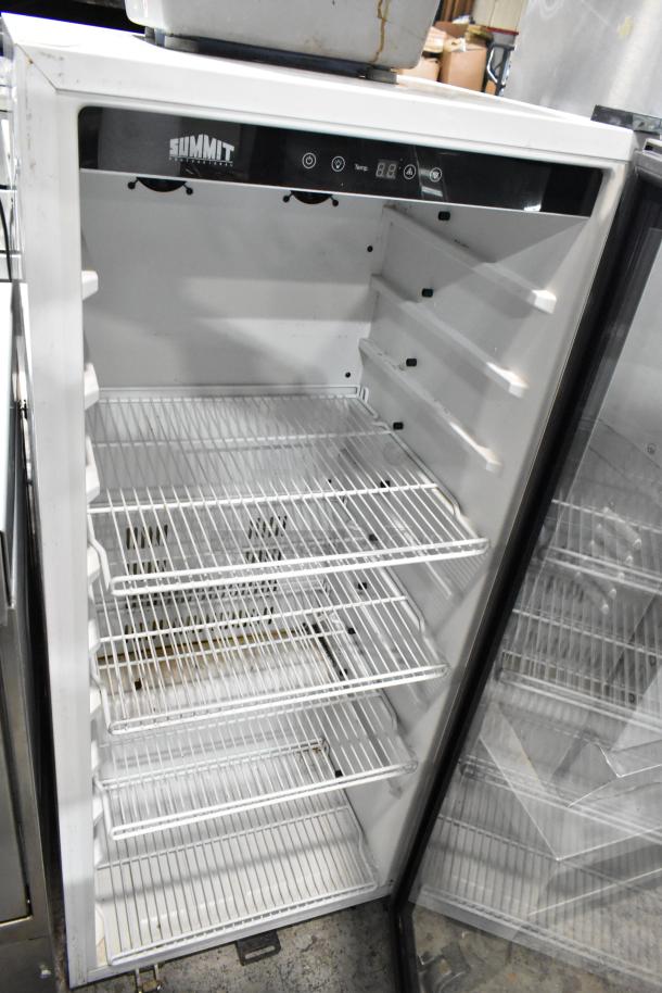 Summit SCR1005 cooler merchandiser, single glass door, poly-coated racks, digital display. 115V, 1 phase, used condition.