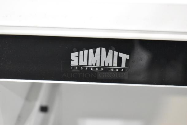 Summit SCR1005 metal cooler merchandiser with poly coated racks, single glass door, 115V, model branding visible.