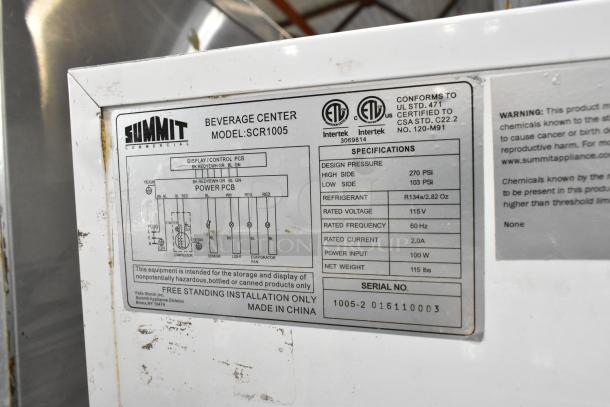 Summit SCR1005 cooler label showing model, voltage, specs, and installation details; features single door, poly racks.